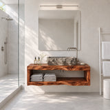 Space saving bathroom vanity in natural solid wood with vessel sink and towel shelf