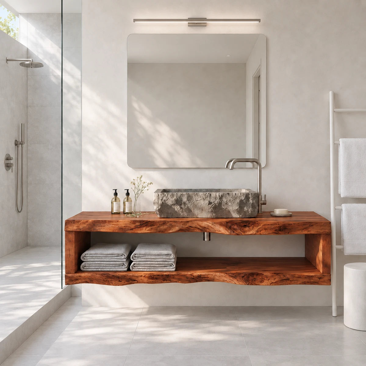 Clean lined vanity unit in natural solid wood with open storage and stone basin below