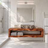 Clean lined vanity unit in natural solid wood with open storage and stone basin below