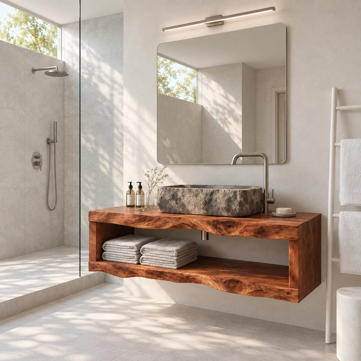 Floating bathroom vanity in natural solid wood with vessel sink and open towel shelf