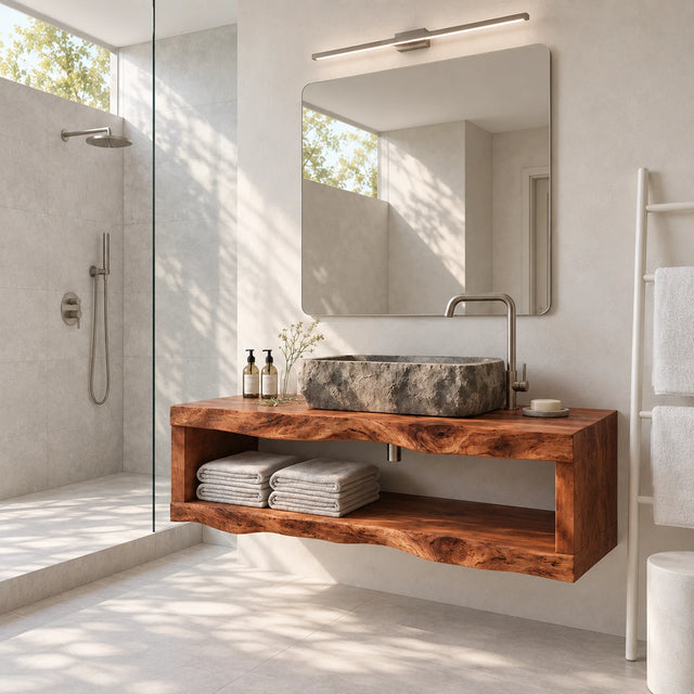 Floating bathroom vanity in natural solid wood with vessel sink and open towel shelf