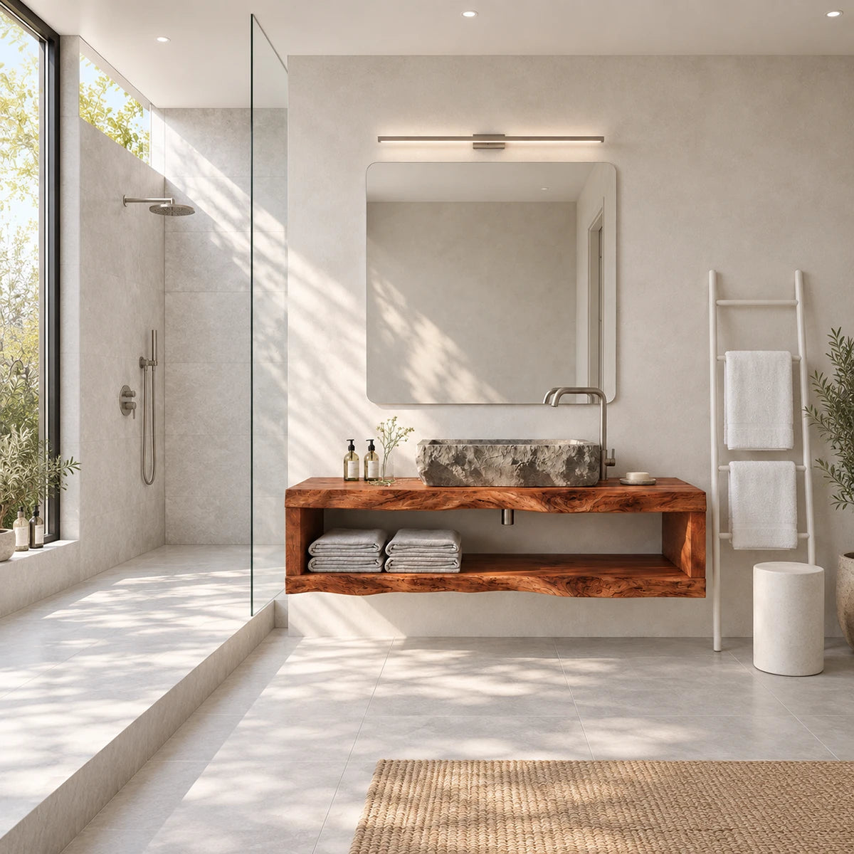 Modern wall mounted vanity in natural solid wood with open shelf and stone vessel sink