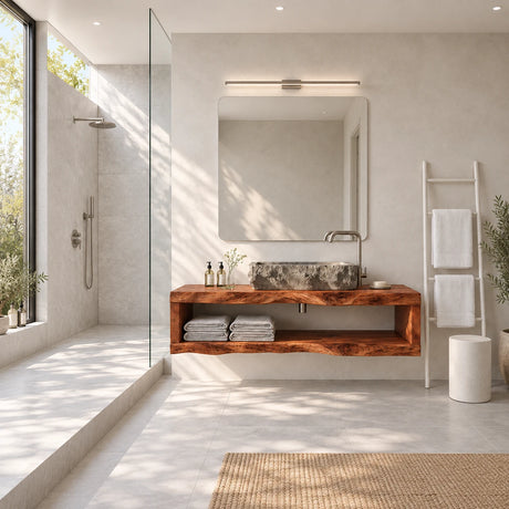 Modern wall mounted vanity in natural solid wood with open shelf and stone vessel sink