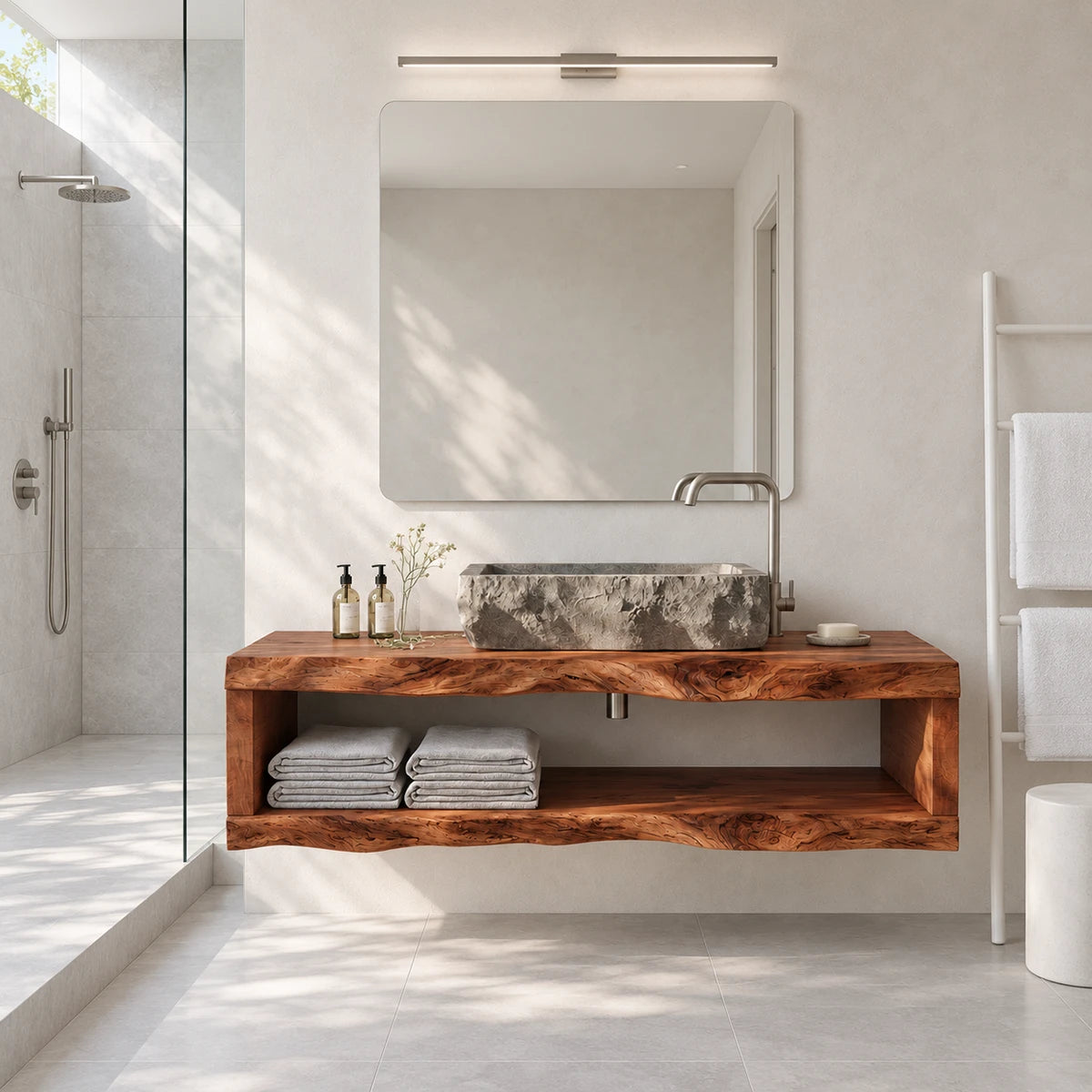 Minimalist bath vanity in natural solid wood with floating frame and towel storage