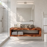 Minimalist bath vanity in natural solid wood with floating frame and towel storage