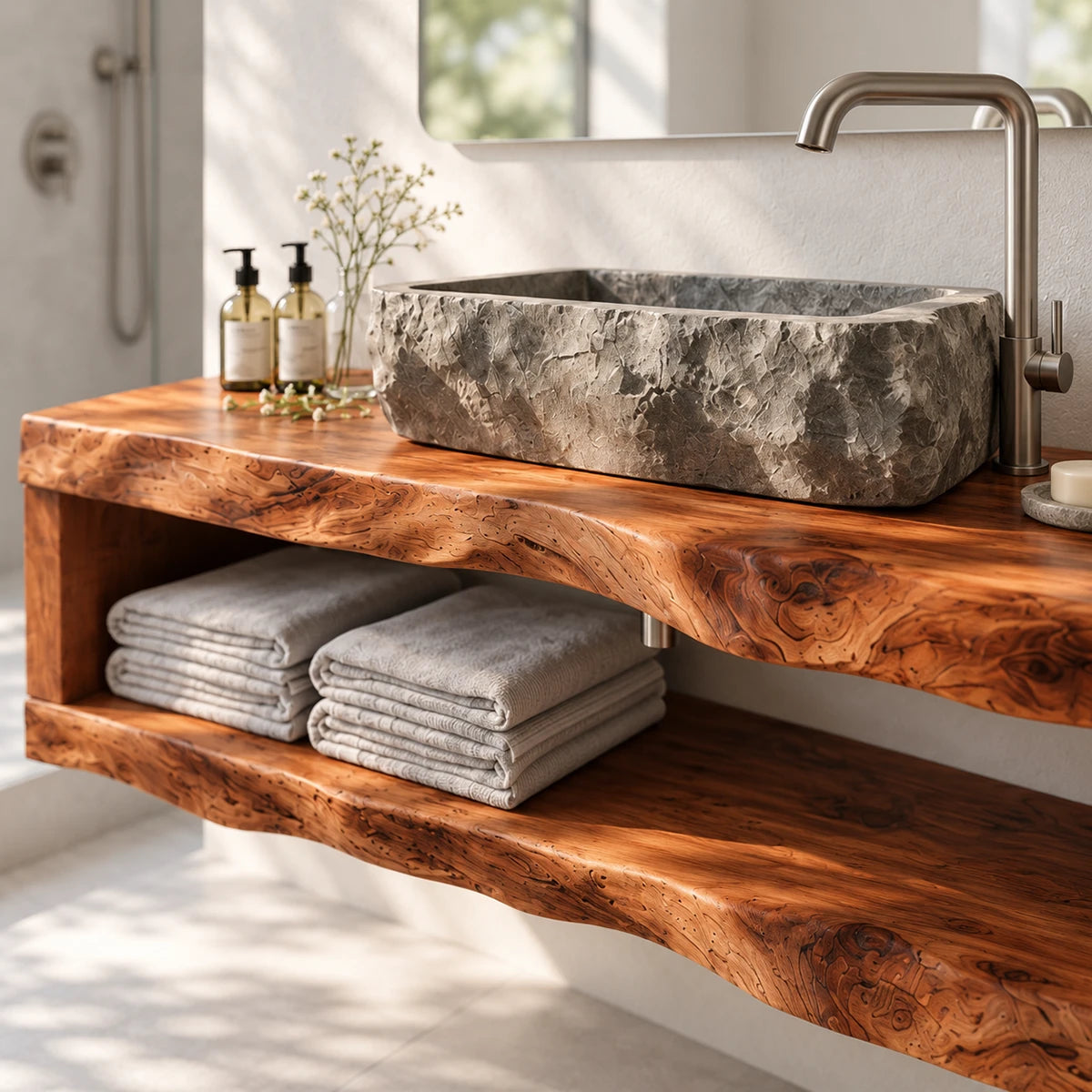 Single sink bathroom vanity in natural solid wood with open shelf and vessel basin