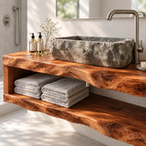 Single sink bathroom vanity in natural solid wood with open shelf and vessel basin