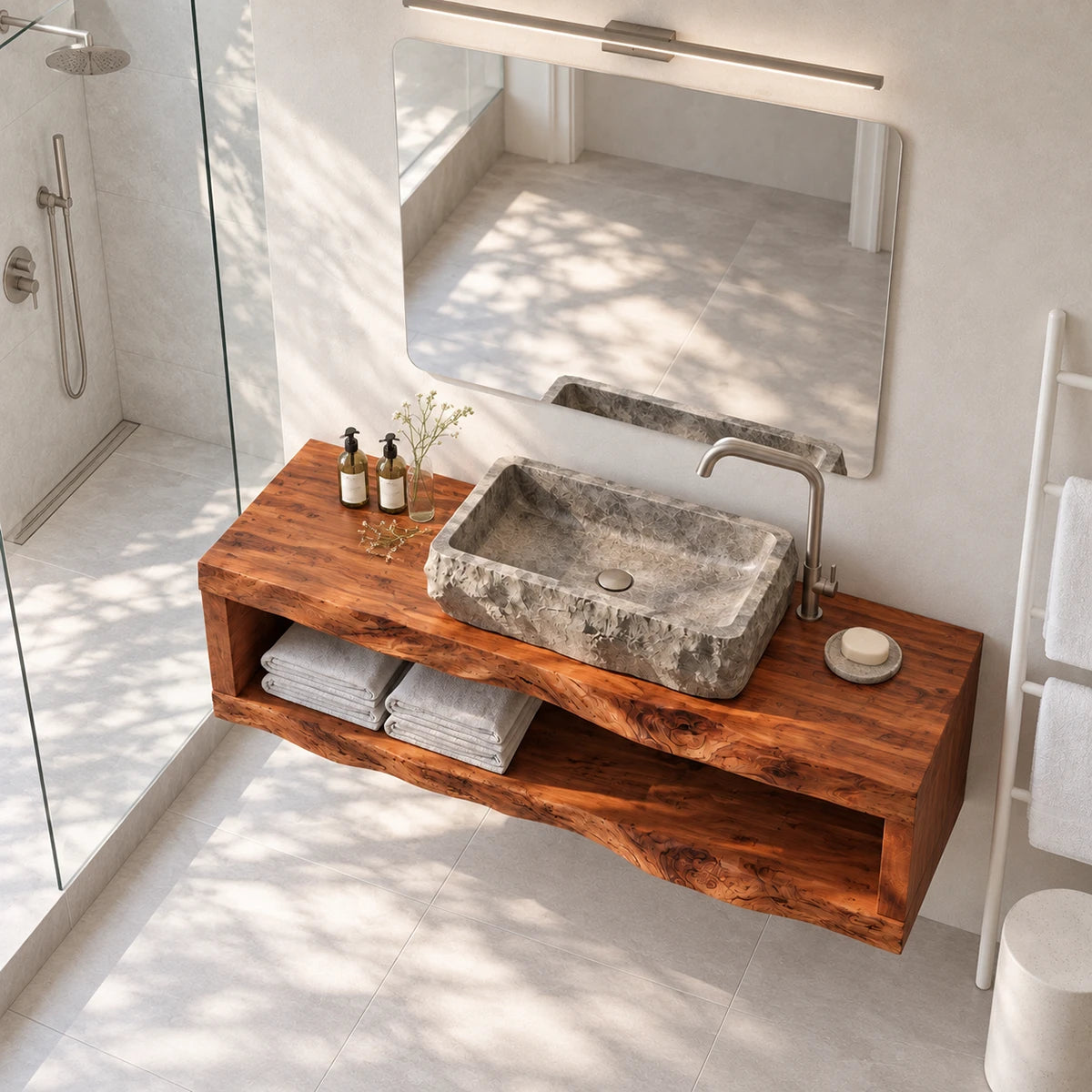 Contemporary bathroom vanity in natural solid wood with open storage and stone sink