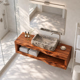 Contemporary bathroom vanity in natural solid wood with open storage and stone sink