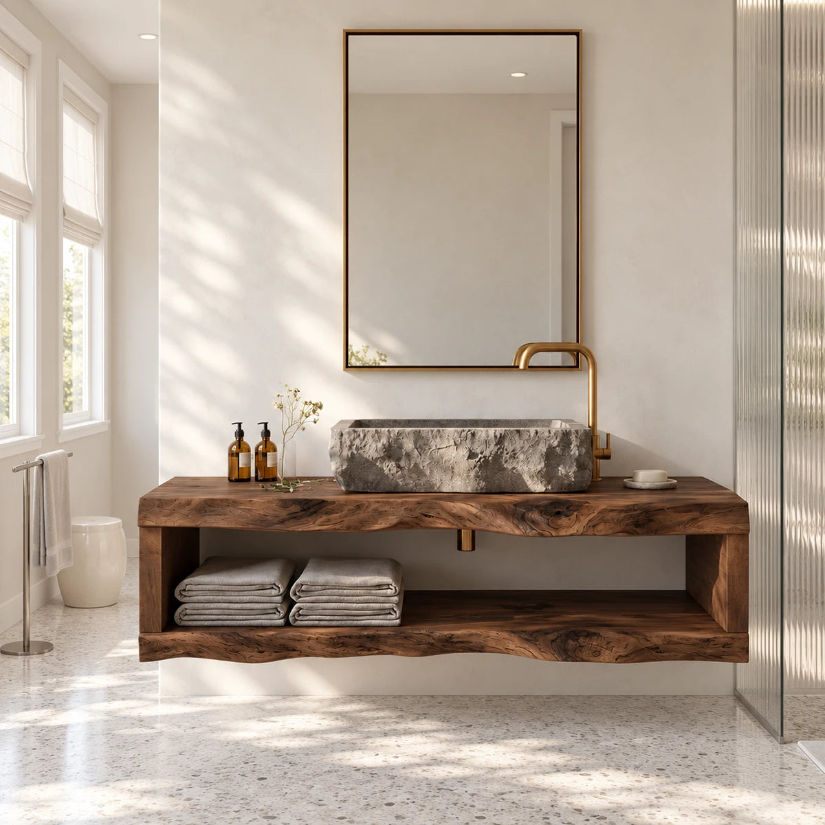 Elegant floating vanity in natural solid wood with broad shelf and vessel sink above