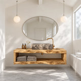Wall hung bath vanity in natural solid wood with open shelf for towels and decor