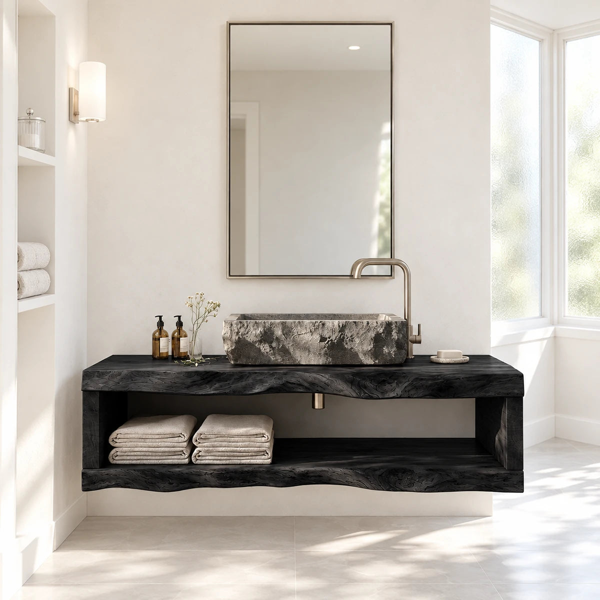 Refined bathroom console in natural solid wood with floating design and vessel basin