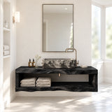 Refined bathroom console in natural solid wood with floating design and vessel basin