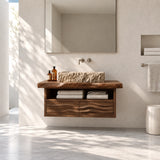 Space saving vanity unit in natural solid wood with open shelf and concealed storage