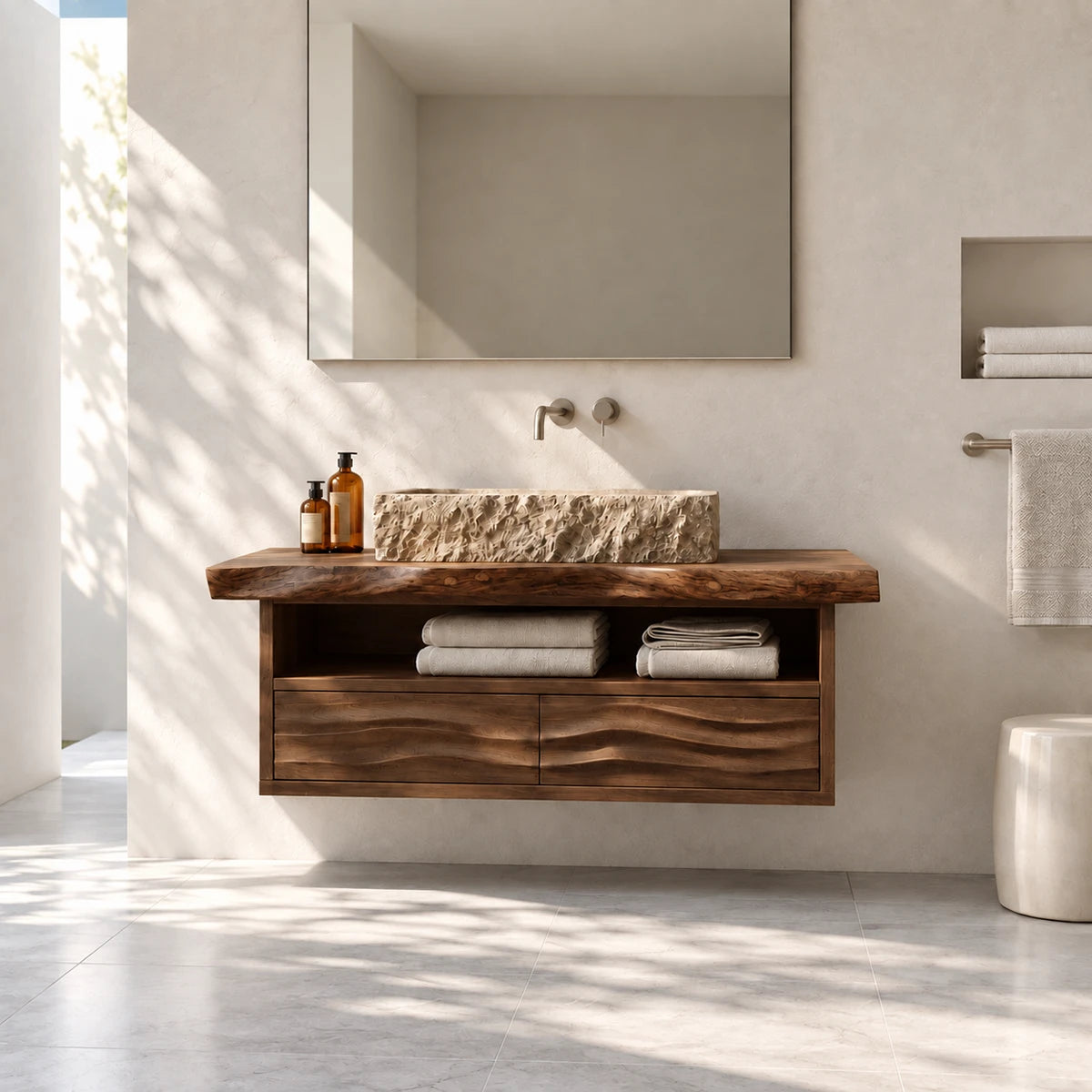 Clean lined bathroom vanity in natural solid wood with vessel basin and lower shelving
