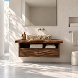 Clean lined bathroom vanity in natural solid wood with vessel basin and lower shelving