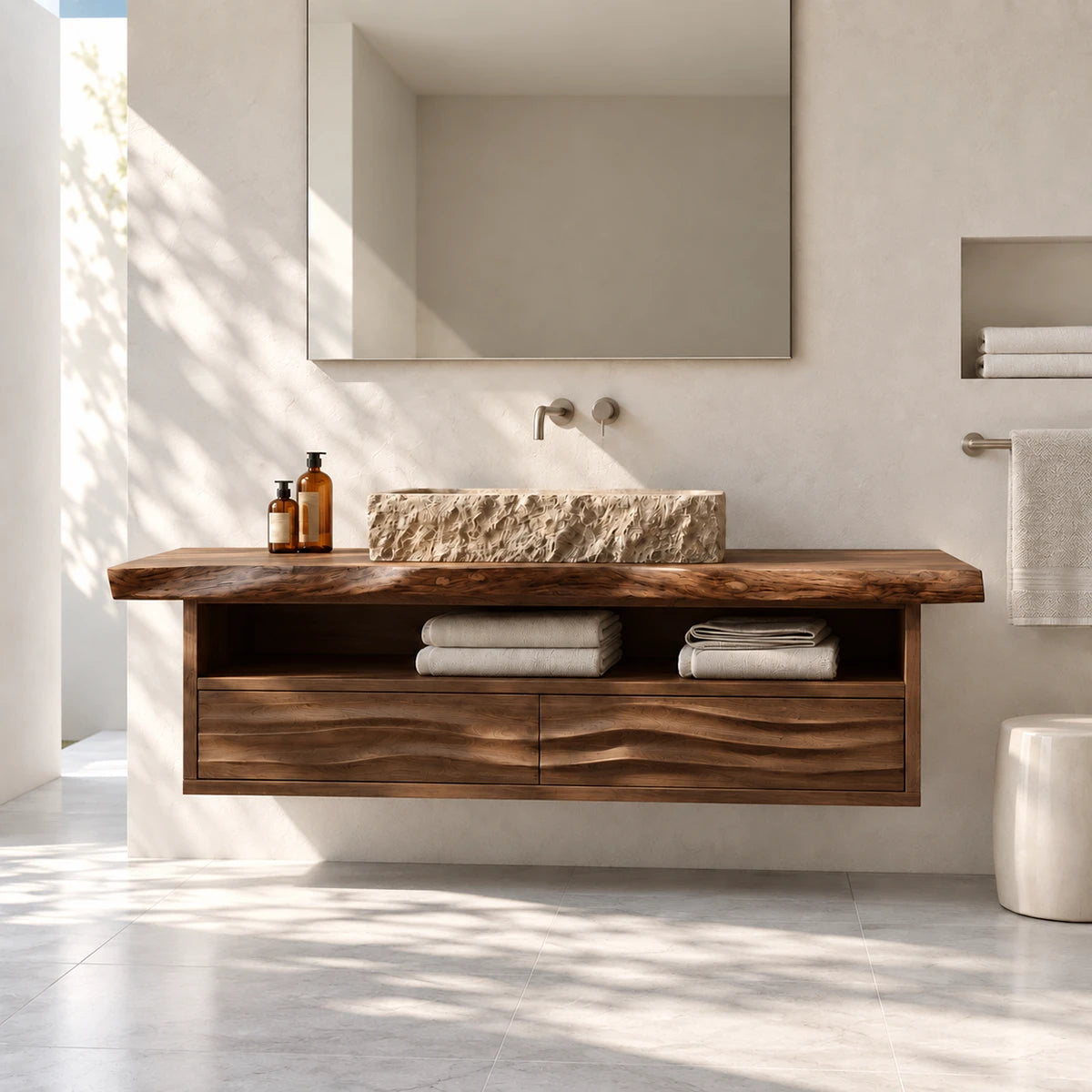 Modern washstand vanity in natural solid wood with floating cabinet and two drawers