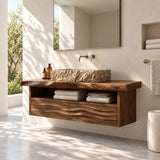 Floating bathroom vanity in natural solid wood with vessel sink, shelf, and two drawers