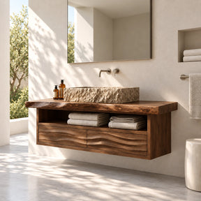Floating bathroom vanity in natural solid wood with vessel sink, shelf, and two drawers