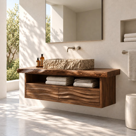 Floating bathroom vanity in natural solid wood with vessel sink, shelf, and two drawers