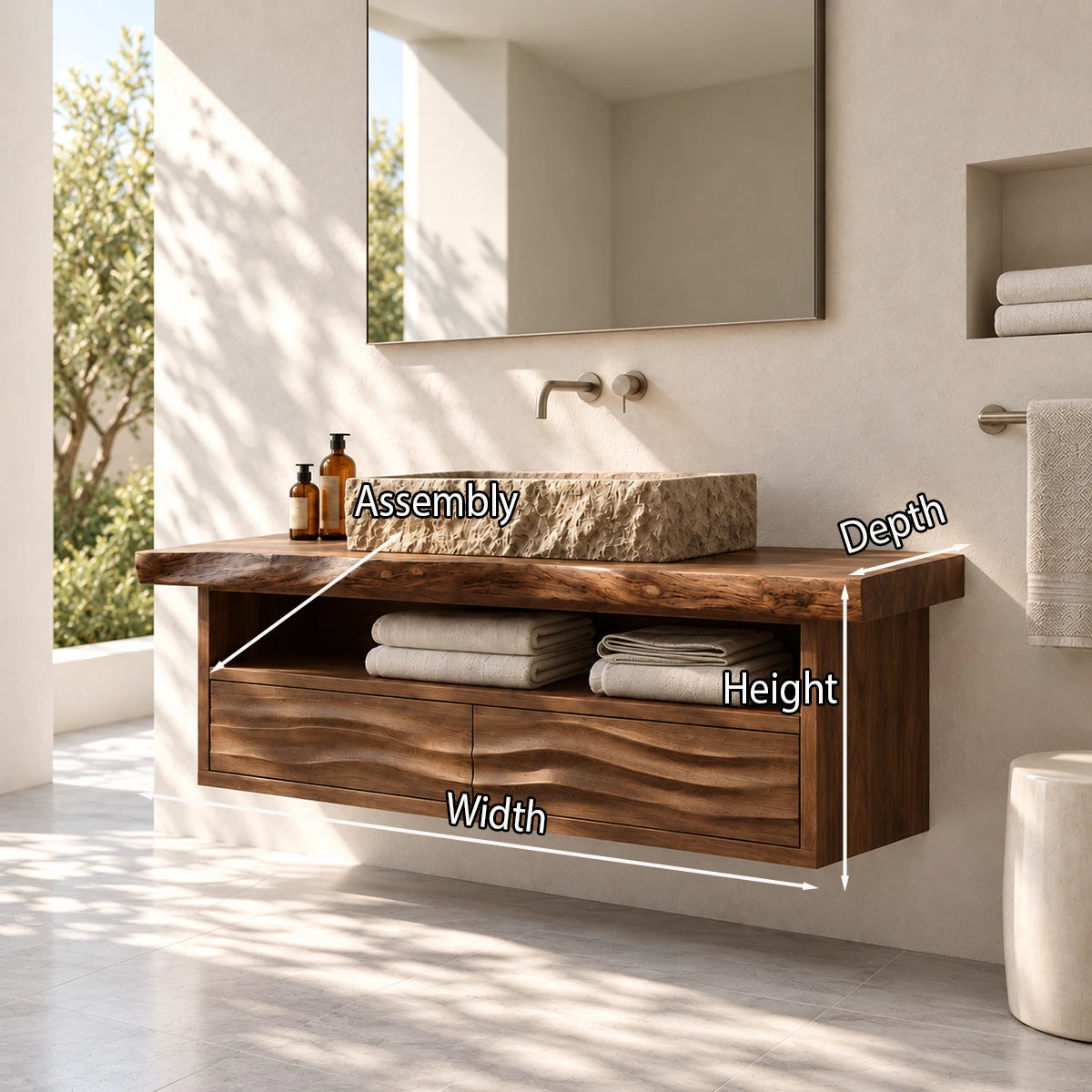 Designer bathroom vanity in natural solid wood with stone basin and wave front drawers