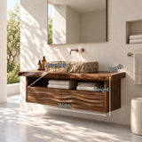Designer bathroom vanity in natural solid wood with stone basin and wave front drawers