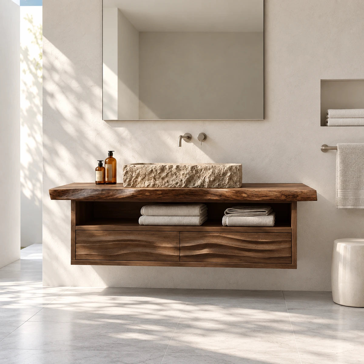 Single sink bathroom vanity in natural solid wood with floating frame and open storage