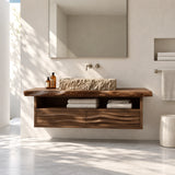 Single sink bathroom vanity in natural solid wood with floating frame and open storage