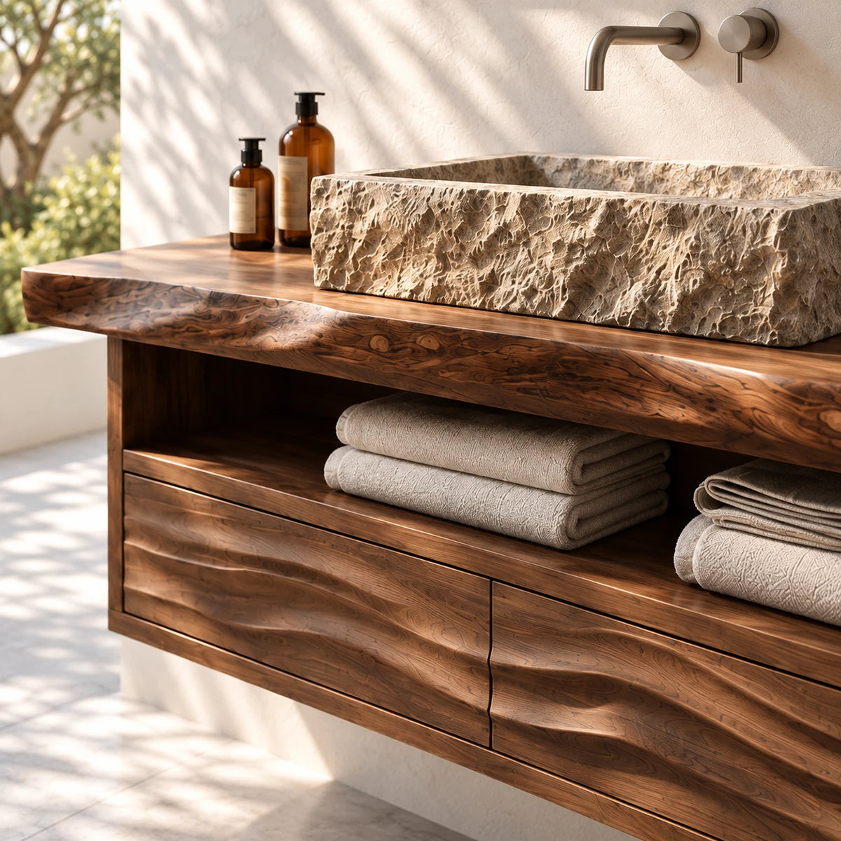 Minimalist bath vanity in natural solid wood with vessel basin and two drawer fronts