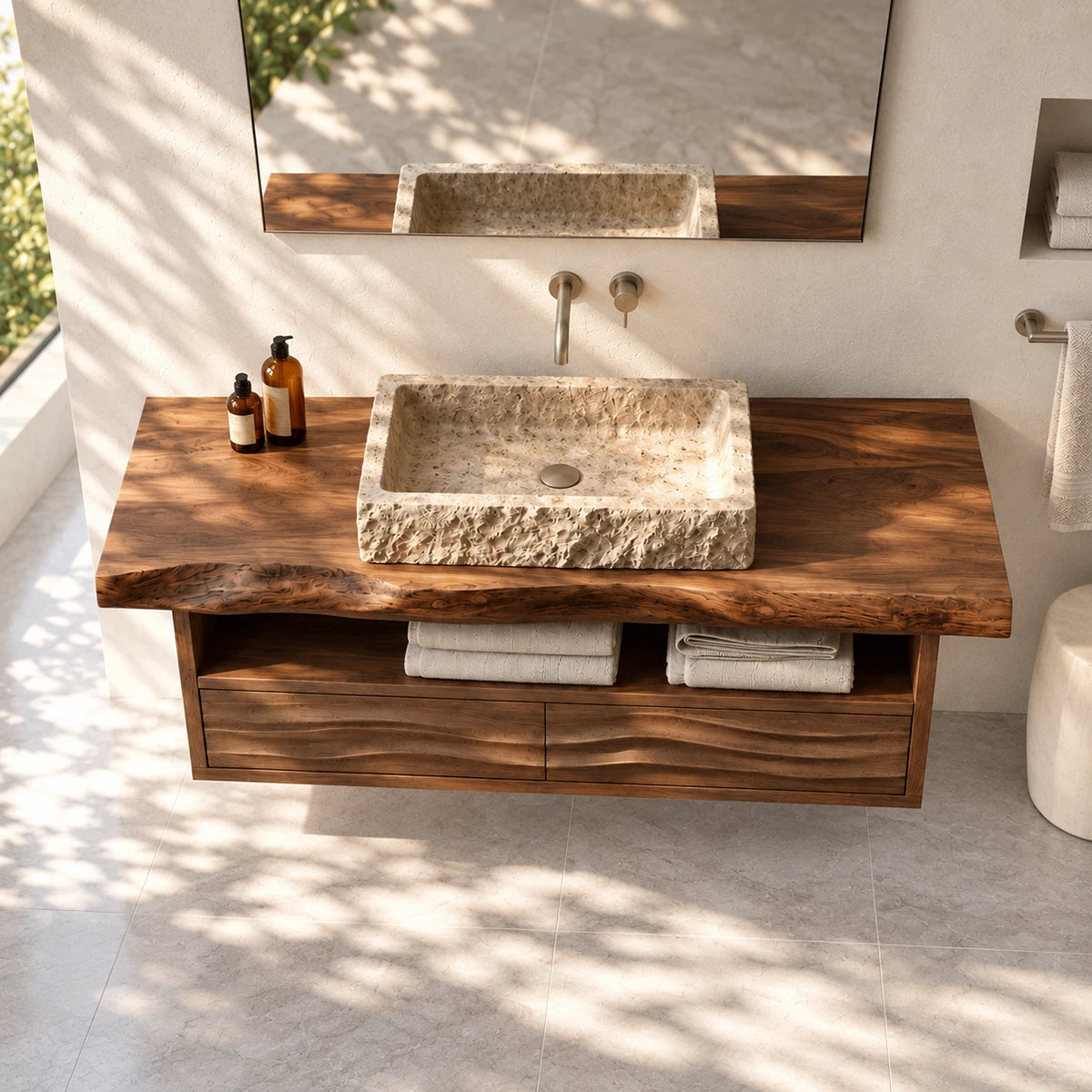 Contemporary bathroom vanity in natural solid wood with open shelf and carved drawers