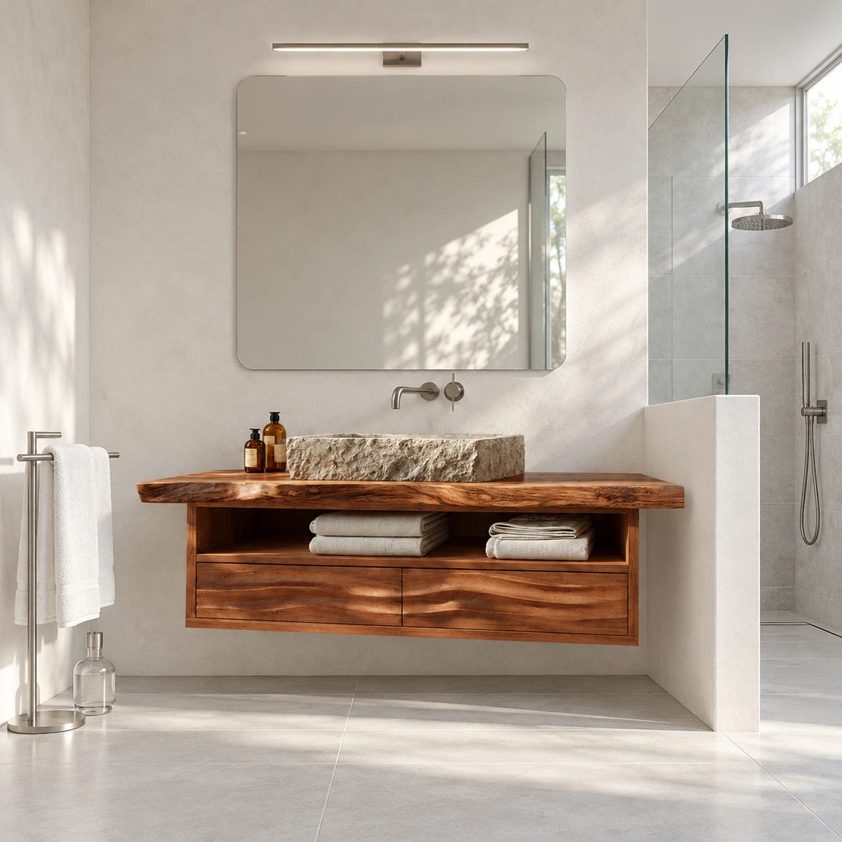 Wall hung bathroom vanity in natural solid wood with open shelf and two wide drawers