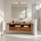 Wall hung bathroom vanity in natural solid wood with open shelf and two wide drawers