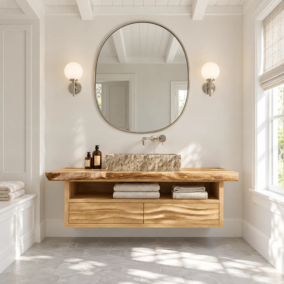 Refined sink cabinet in natural solid wood with floating design and open towel shelf