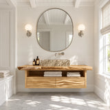 Refined sink cabinet in natural solid wood with floating design and open towel shelf