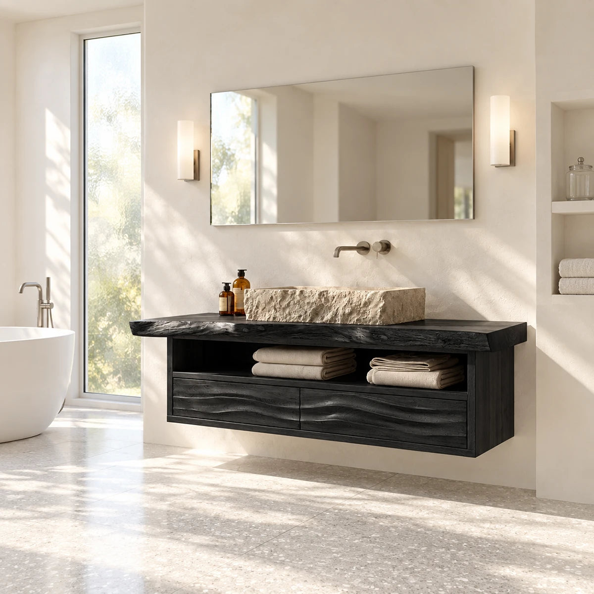 Open shelf bathroom vanity in natural solid wood with vessel sink and drawer storage