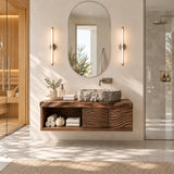 Space saving vanity unit in natural solid wood with open shelf and two doors