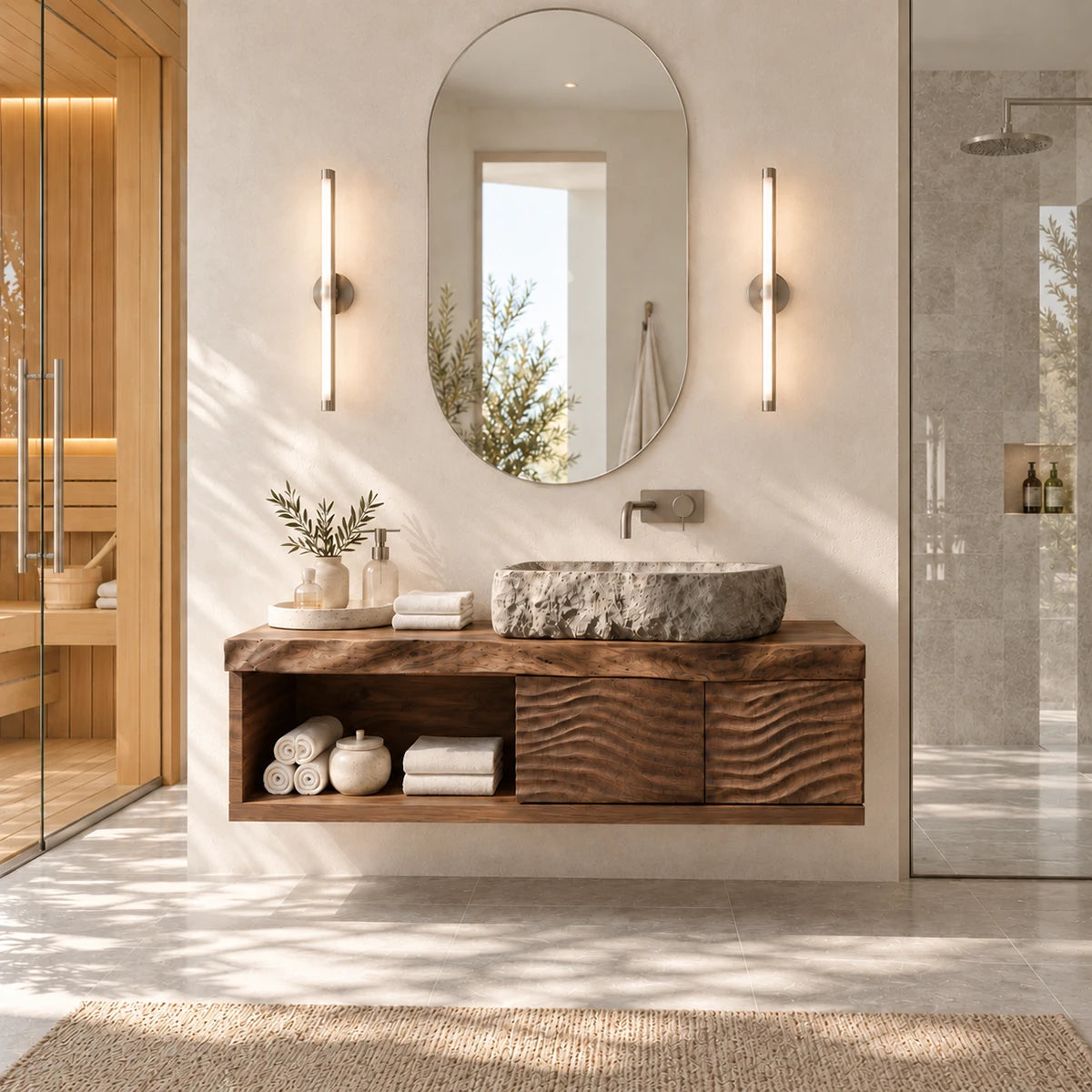 Clean lined bathroom vanity in natural solid wood with vessel basin and 2 doors