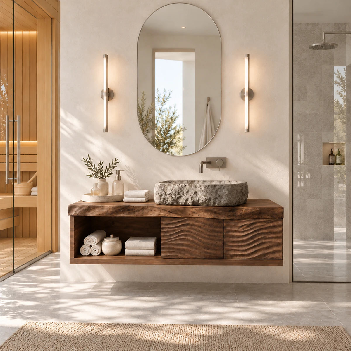 Sleek bathroom vanity in natural solid wood with floating frame and two doors