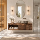 Sleek bathroom vanity in natural solid wood with floating frame and two doors