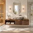 Modern wall mounted vanity in natural solid wood with two doors and open storage