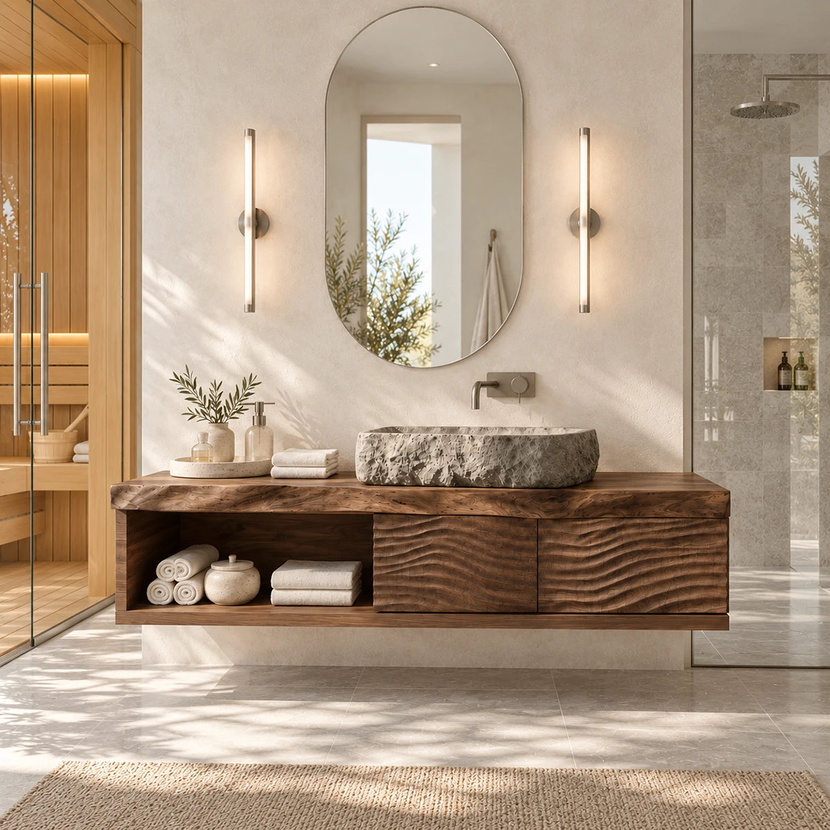Modern wall mounted vanity in natural solid wood with two doors and open storage