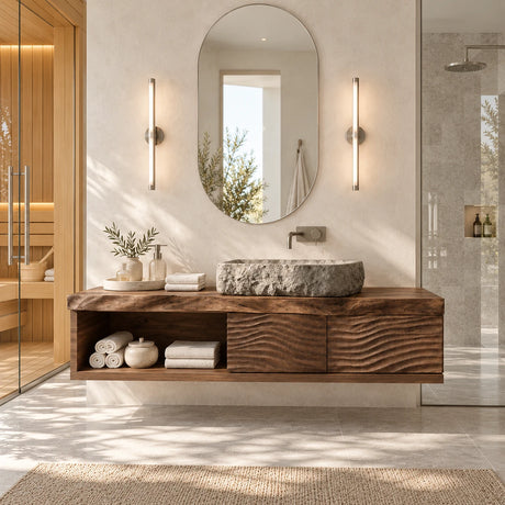 Modern wall mounted vanity in natural solid wood with two doors and open storage