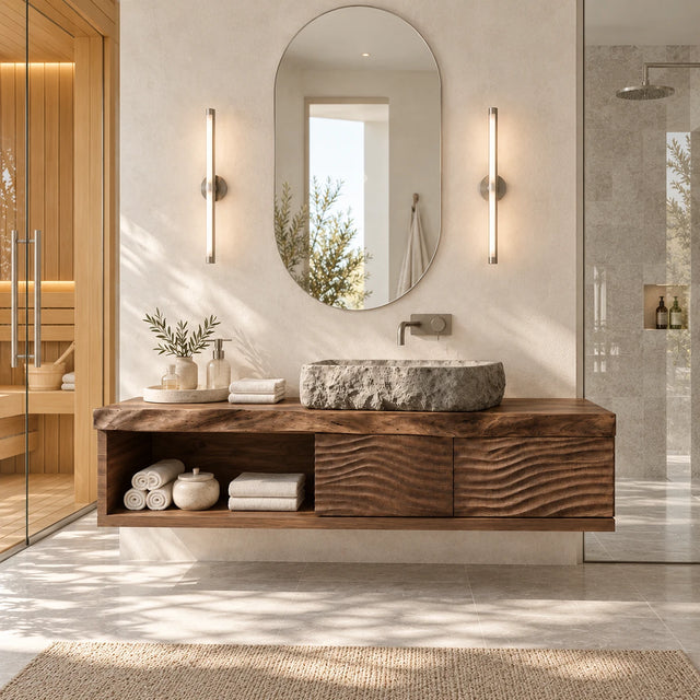Modern wall mounted vanity in natural solid wood with two doors and open storage