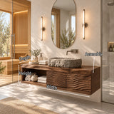 Designer bathroom vanity in natural solid wood with stone basin and two doors