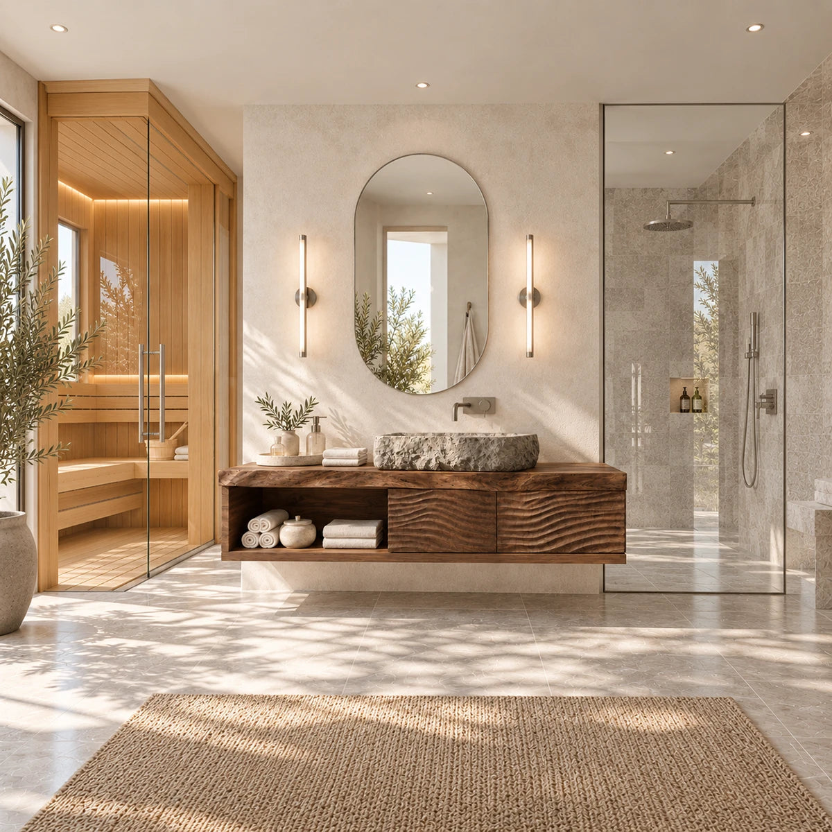 Floating bathroom vanity in natural solid wood with two doors and open towel shelf