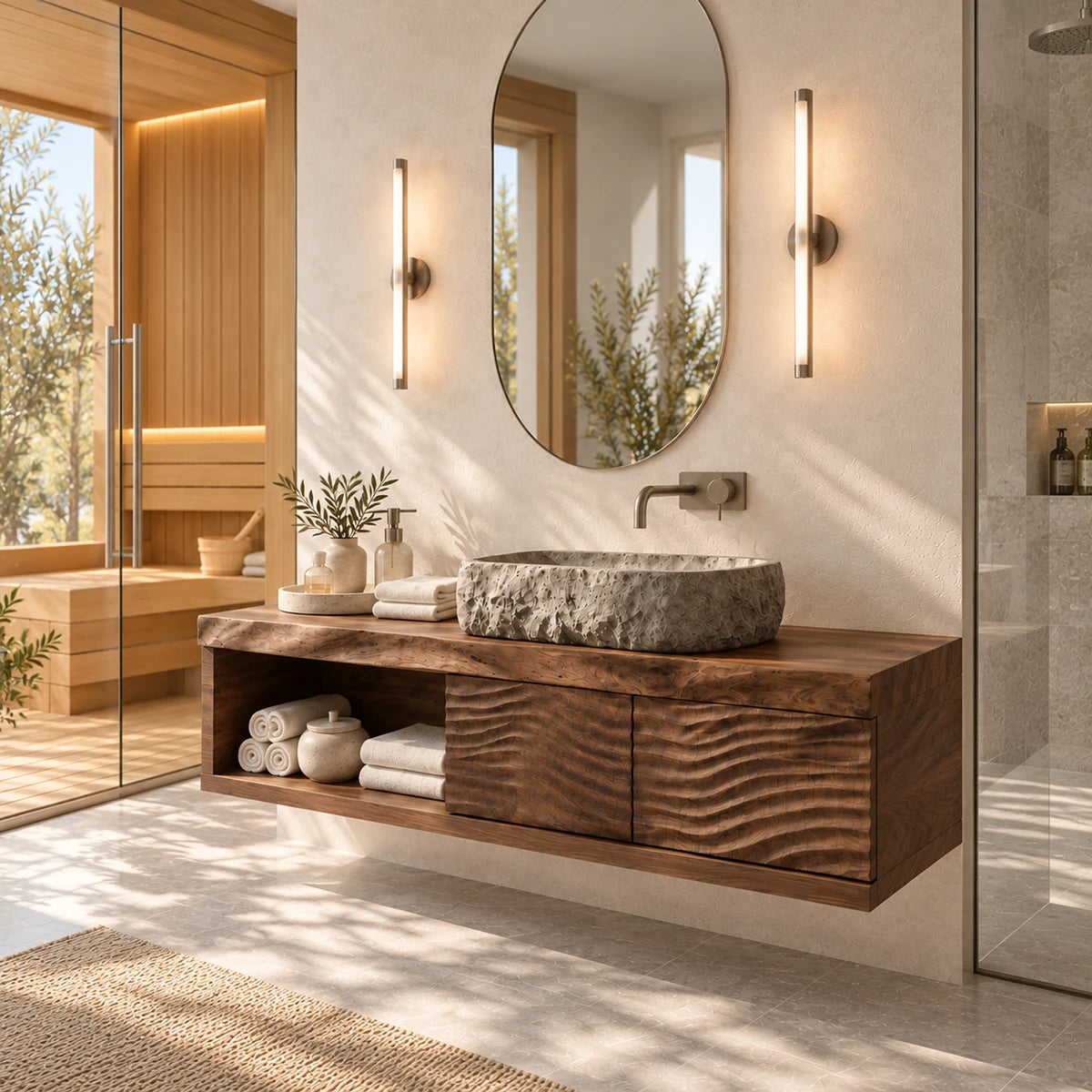 Single sink bathroom vanity in natural solid wood with two doors and lower shelf