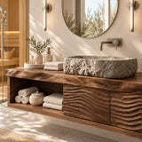 Minimalist bath vanity in natural solid wood with vessel basin and two doors