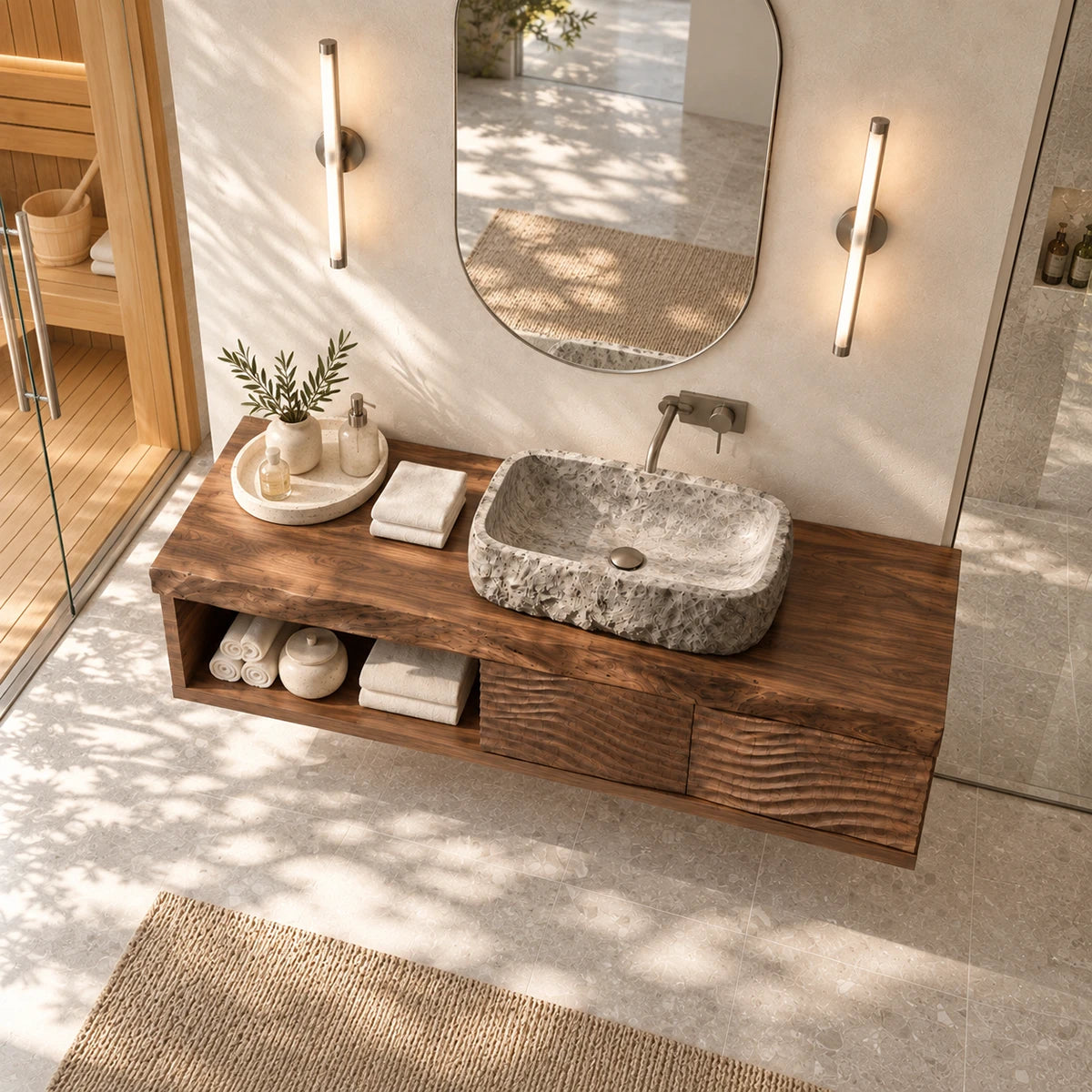 Contemporary bathroom vanity in natural solid wood with open shelf and two doors