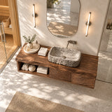 Contemporary bathroom vanity in natural solid wood with open shelf and two doors