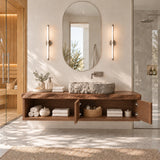 Elegant floating vanity in natural solid wood with stone vessel sink and 2 doors